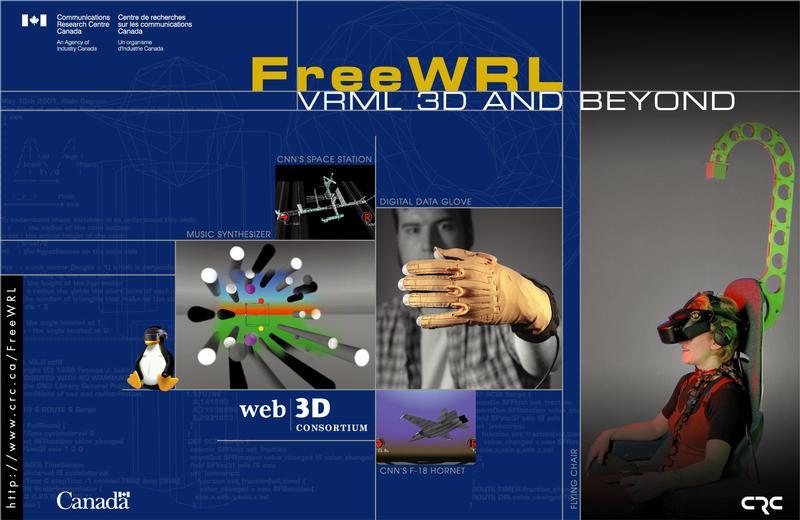 Blue CRC poster for FreeWRL with photos of a data glove, a head-mounted display, a space station and a jet.
