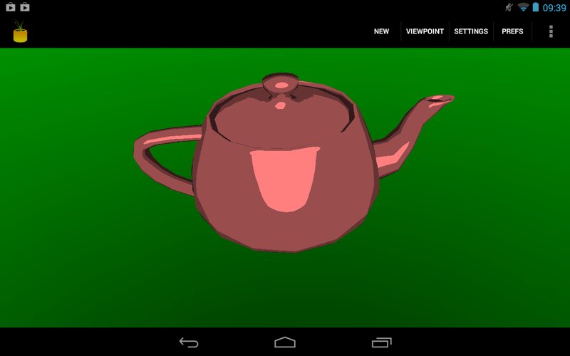 A teapot shaded in three flat bands of pink and red on green.