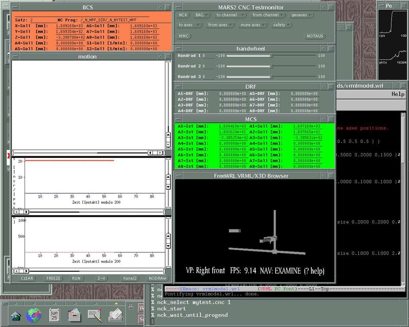 A Linux desktop with CNC test-monitor panels and a small FreeWRL window showing a machine model.
