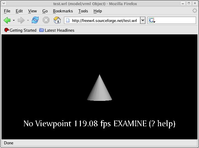 The test.wrl cone loaded inside Firefox through the FreeWRL plugin, with a HUD reading EXAMINE.