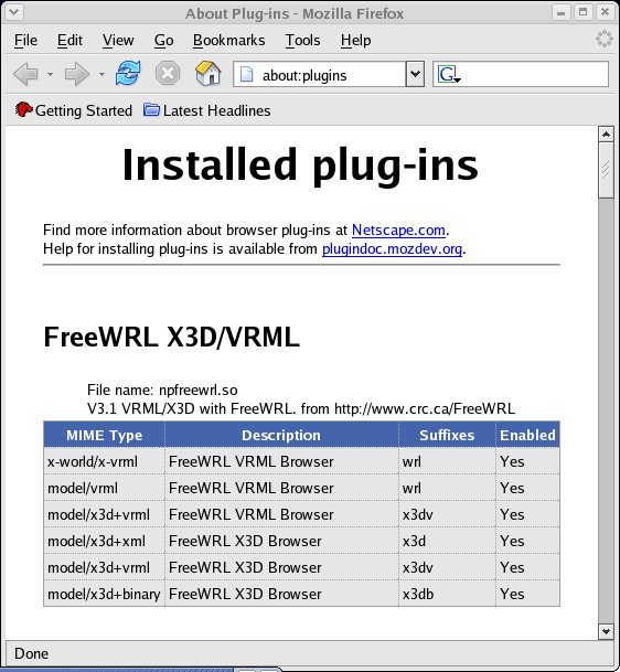 Firefox's installed plug-ins page, listing the FreeWRL X3D/VRML plugin npfreewrl.so.