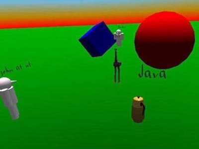 An early FreeWRL scene with a sphere, a box, an avatar figure and 3D text reading Java.