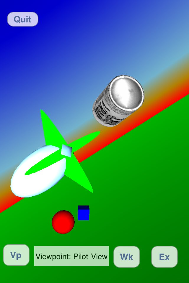 An iPhone screen running FreeWRL with Quit, Vp, Wk and Ex buttons.
