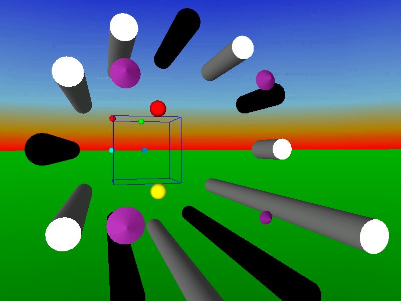 A 3D music-synthesizer scene of cylinders and spheres in FreeWRL.