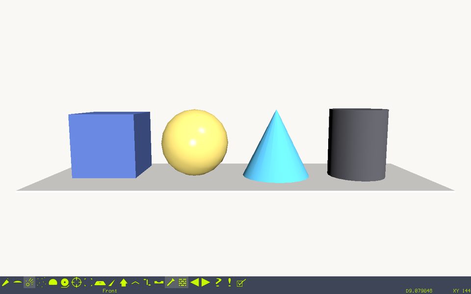 Four lit shapes on a grey floor in FreeWRL: a blue box, a pale yellow sphere, a cyan cone and a dark grey cylinder.