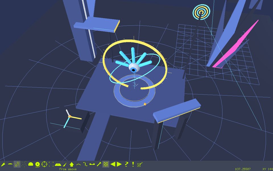 The plaza from above: the sculpture on its platform, grid lines on the ground, and the viewpoint name 'From above' in the status bar.