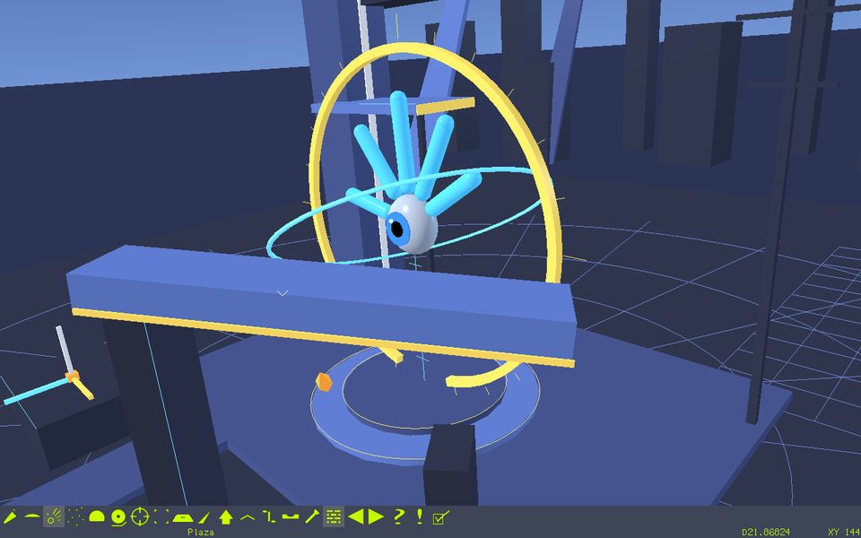 The plaza world turned to one side after dragging with the mouse: the sculpture is seen from a new angle, with a beam in the foreground.