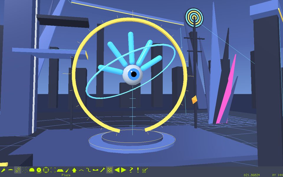 FreeWRL window showing a blue 3D plaza: a hand-and-eye sculpture inside a yellow ring, towers behind it, and FreeWRL's yellow navigation button bar along the bottom edge.