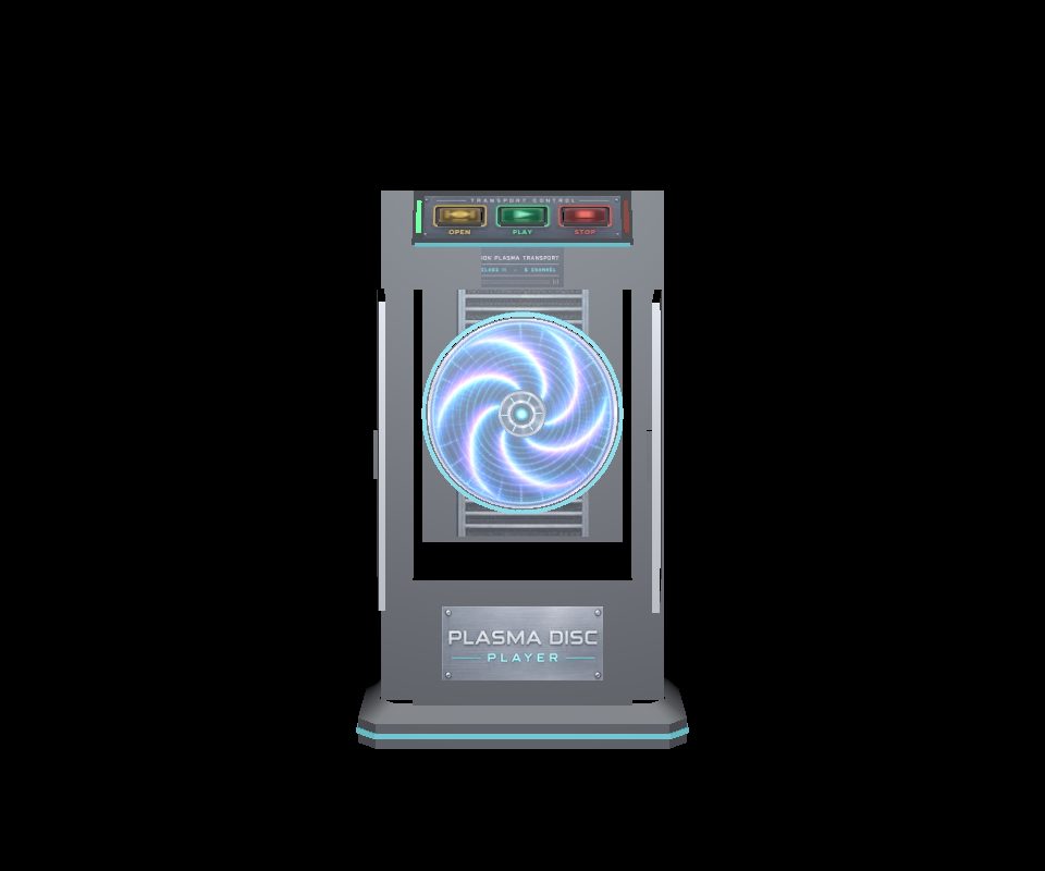 Plasma Disc Player: a tall grey cabinet with its doors open, showing a glowing blue and white spiral disc, with three buttons on top, on a black background.