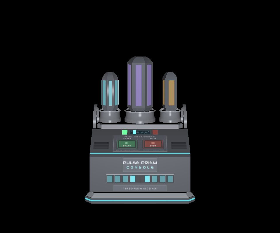 Pulse Prism Console: three glowing glass prisms in cyan, violet and amber on a grey console with a row of lit meter bars, on a black background.