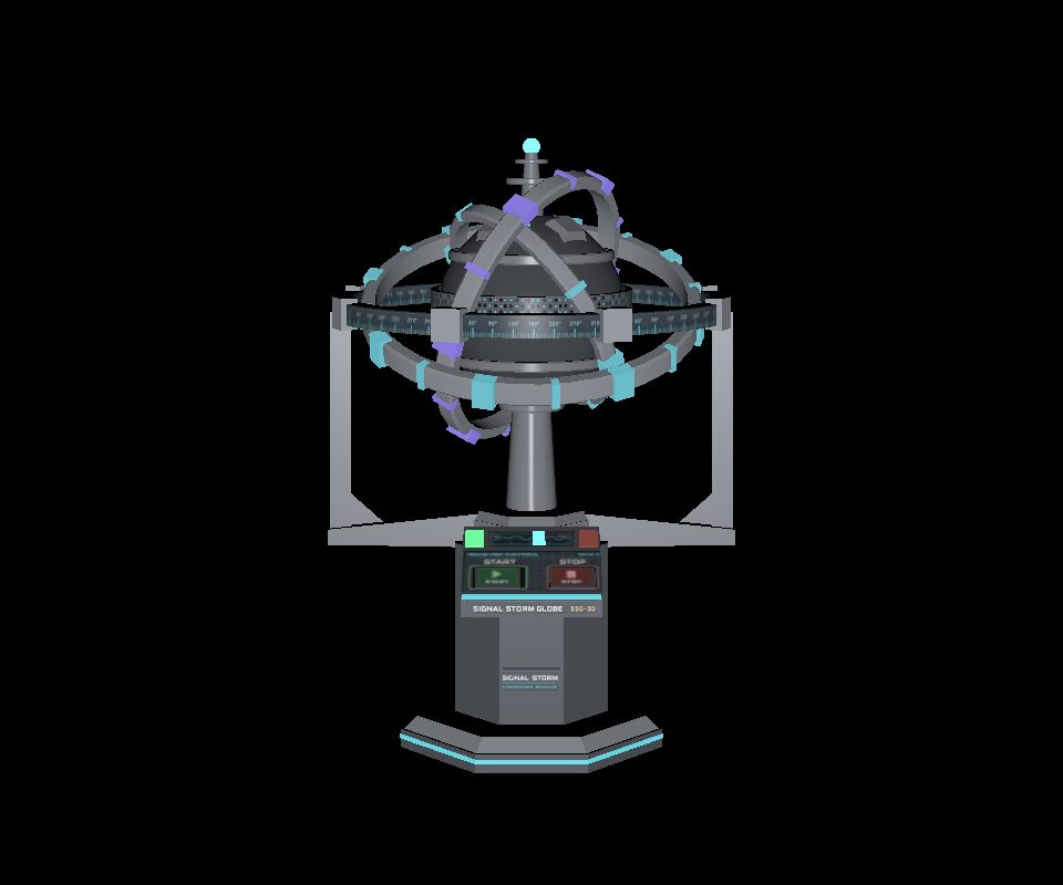 Signal Storm Globe: a grey globe of rings and cyan and purple markers on a stand, above a small console with a green START lamp, on a black background.
