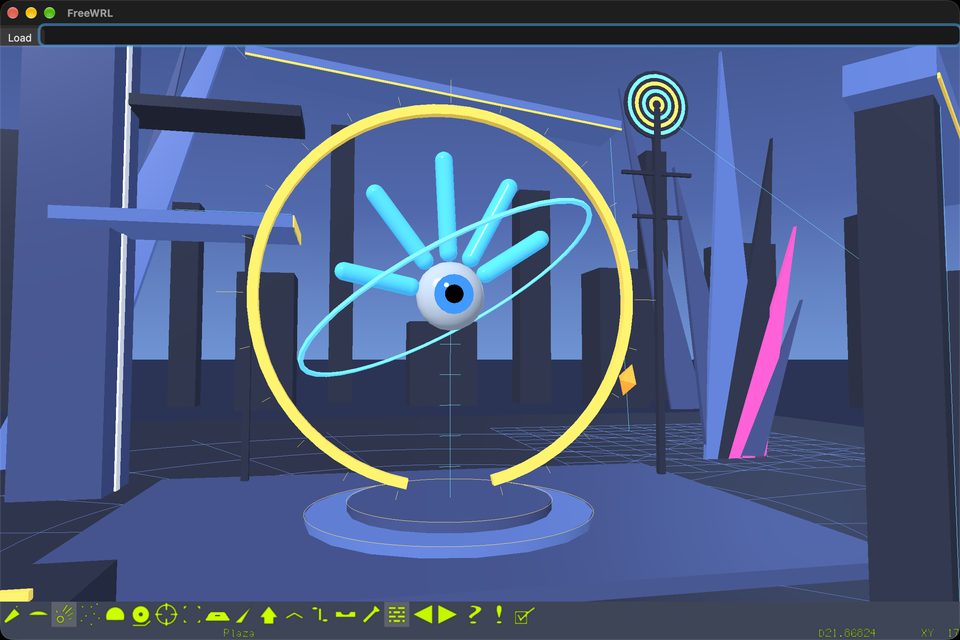 The FreeWRL window on macOS, with red, yellow and green window buttons and a Load bar at the top, showing a blue 3D plaza: a hand-and-eye sculpture inside a yellow ring, towers behind it, and FreeWRL's yellow-green navigation buttons along the bottom.