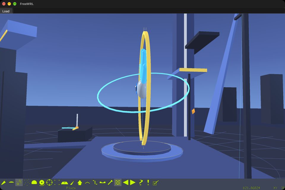 The plaza turned about a quarter of the way round: the yellow ring is seen edge-on as a thin upright band, with the blue ring circling it.