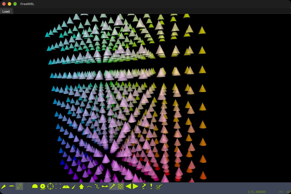 A cube-shaped grid of hundreds of small see-through cones in many colours, from blue and pink to yellow and orange, on a black background, seen at an angle in the FreeWRL window.