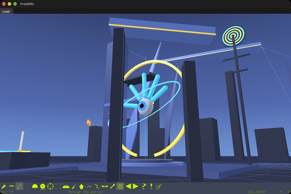 The plaza sculpture framed by a dark stone portal, with 'Through the portal' in the status line at the bottom of the FreeWRL window.